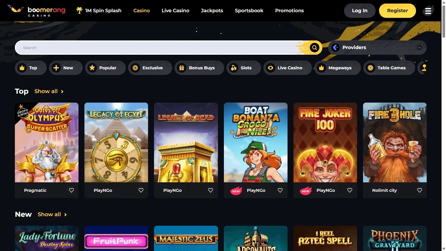 Boomerang Casino desktop games area with pokies and casino categories