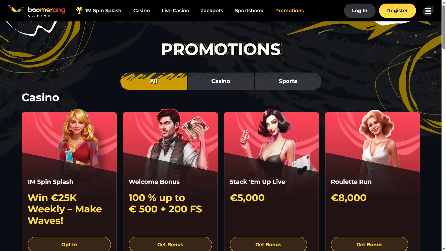 Boomerang Casino desktop promotions area with the welcome bonus