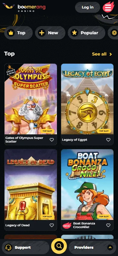 Boomerang Casino mobile games area with pokies and casino categories