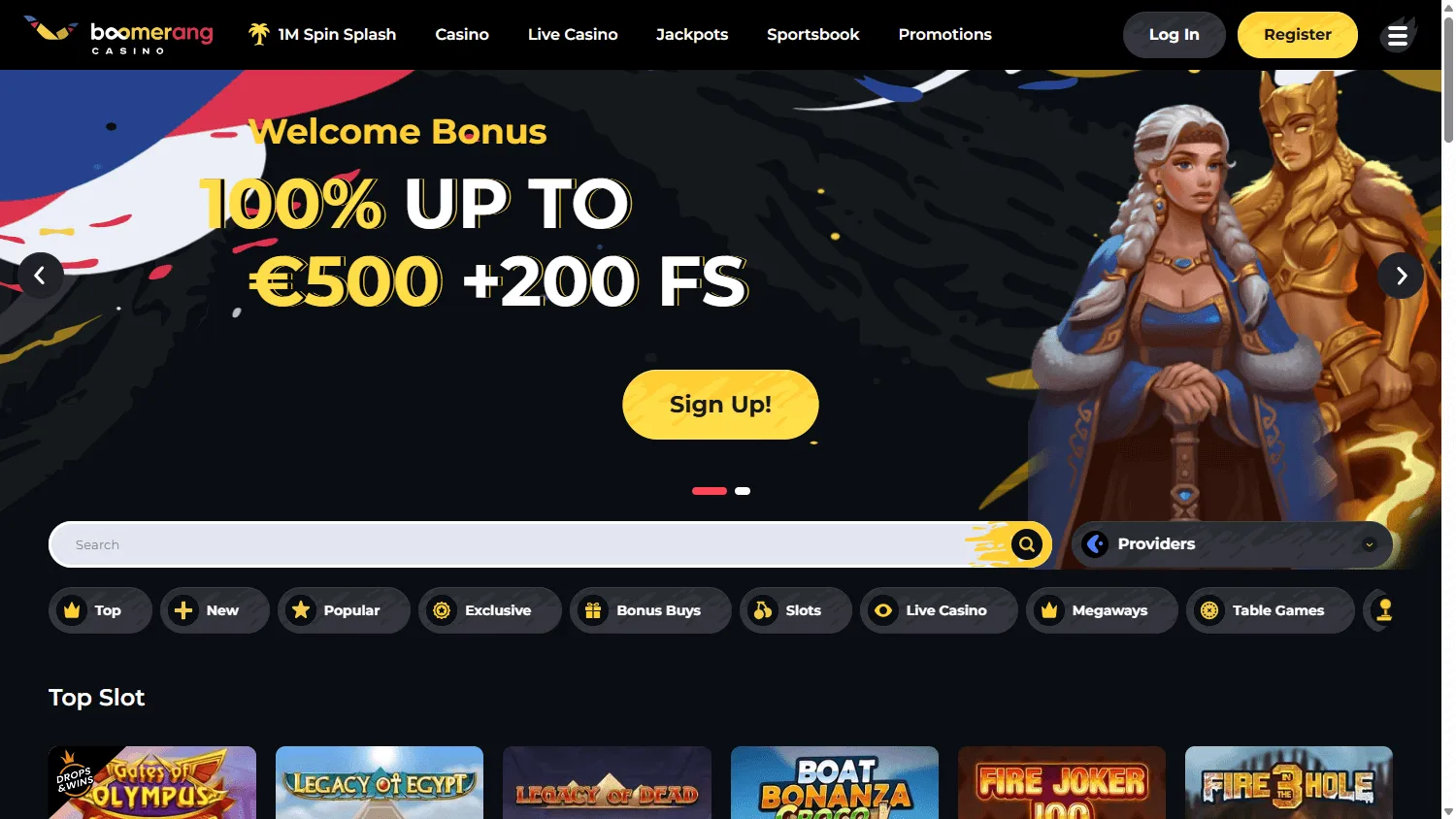 Boomerang Casino desktop home with casino games and account features