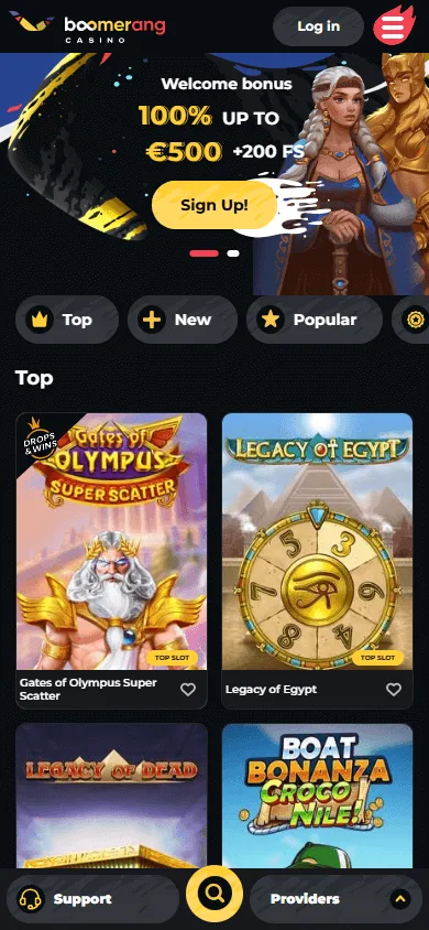 Boomerang Casino mobile home experience with games and account functions