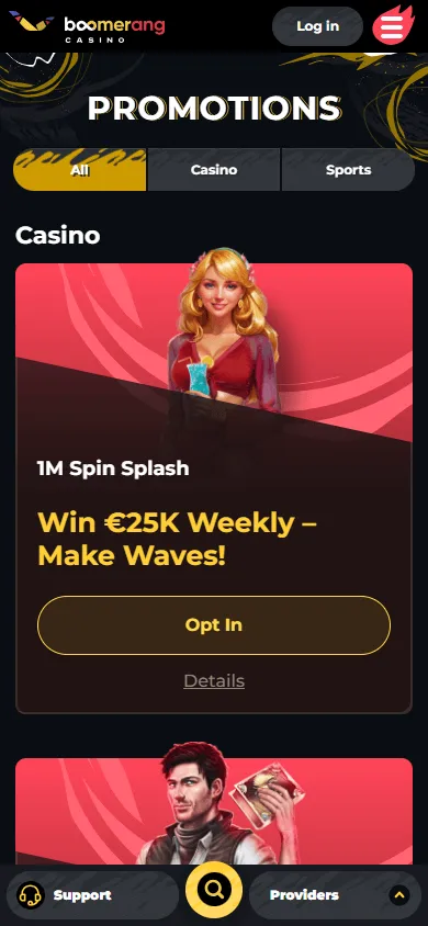 Boomerang Casino mobile promotions area with the welcome bonus